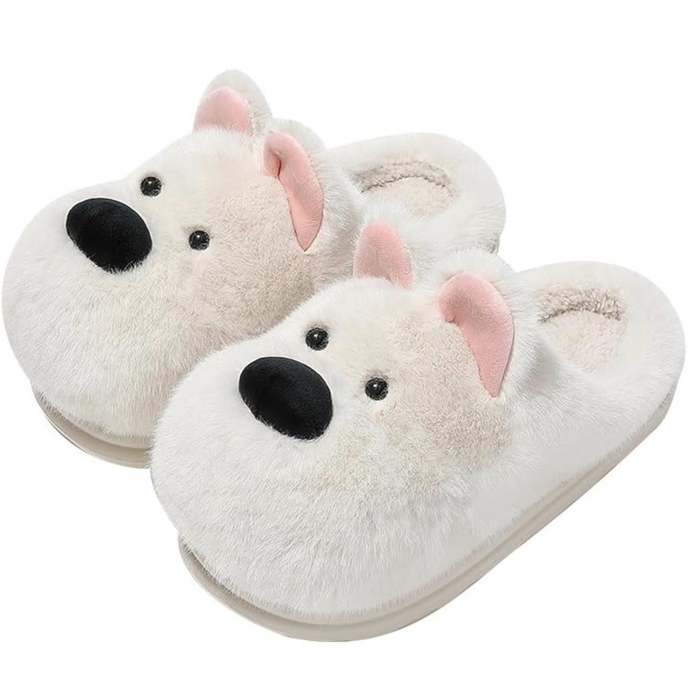 Cute Furry Dog Slippers for Women Warm Fleece Lined Winter Puppy Slippers